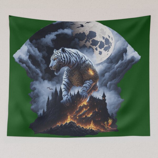 Item preview, Mythical White Tiger Conquering the Castle (Dark Green) designed and sold by AmaziaCo.