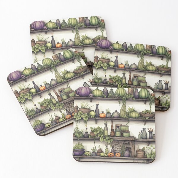 Item preview, Halloween ingredients on shelves in seamless pattern designed and sold by mlis.arts.