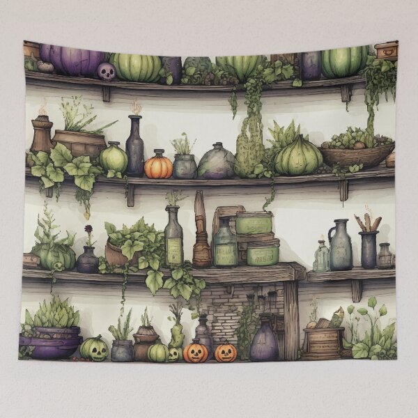 Item preview, Halloween ingredients on shelves in seamless pattern designed and sold by mlis.arts.