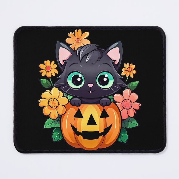 Item preview, Adorable Halloween Kitty Amidst Pumpkins and Flowers | Whimsical Autumn and Halloween Delights Collection designed and sold by Ali Doodles.