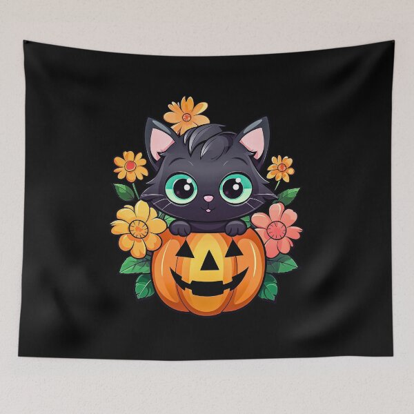 Item preview, Adorable Halloween Kitty Amidst Pumpkins and Flowers | Whimsical Autumn and Halloween Delights Collection designed and sold by Ali Doodles.