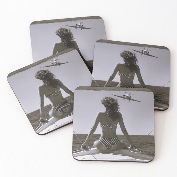 Item preview, Swing by; airplane turning to fly over girl on a boat black and white photographic art print  designed and sold by Jéanpaul  Ferro.