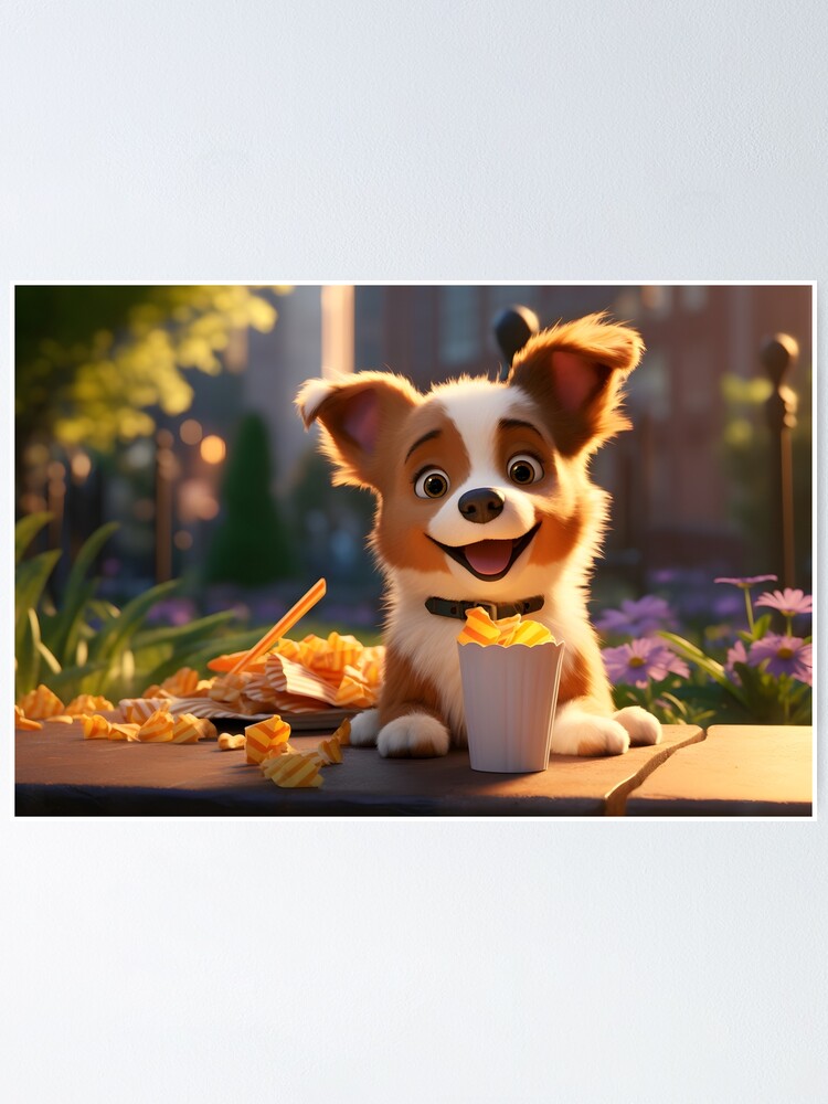 Funny dog eating in the park in Pixar style Poster