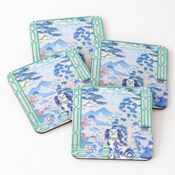 Item preview, Staffordshire dog in chinoiserie landscape watercolor painting designed and sold by SophieClimaArt.