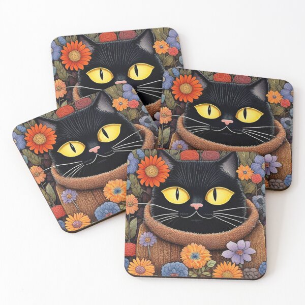 Item preview, Cute black kitten with lime eyes in a turtleneck - little portrait in flowers. designed and sold by SaraSumi.