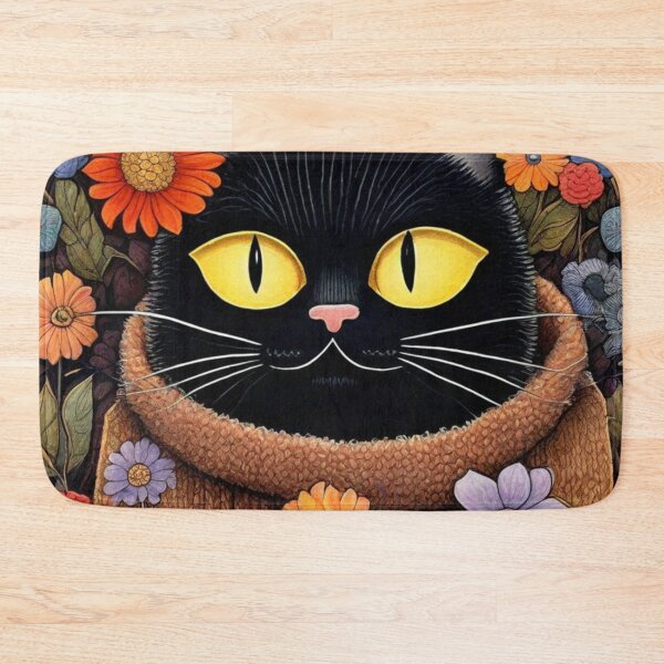 Item preview, Cute black kitten with lime eyes in a turtleneck - little portrait in flowers. designed and sold by SaraSumi.