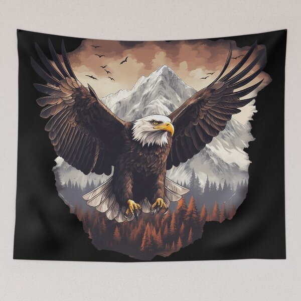 Item preview, bald eagle in flight, wildlife mountains trees, soaring eagle, raptor bird of prey, national symbol usa patriotic independance design designed and sold by Lightweav.