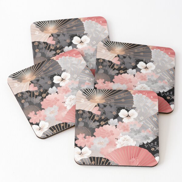 Aperçu de l'œuvre Fantaisie colorée motif rose beige blanc noir ornements éventail Japon créée et vendue par G-M-Designs.