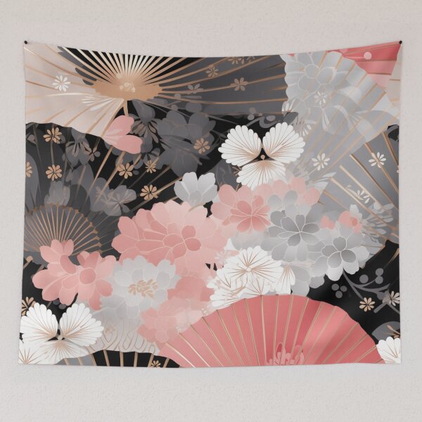 Item preview, Colorful fantasy pattern pink beige white black ornaments Japan fans designed and sold by G-M-Designs.