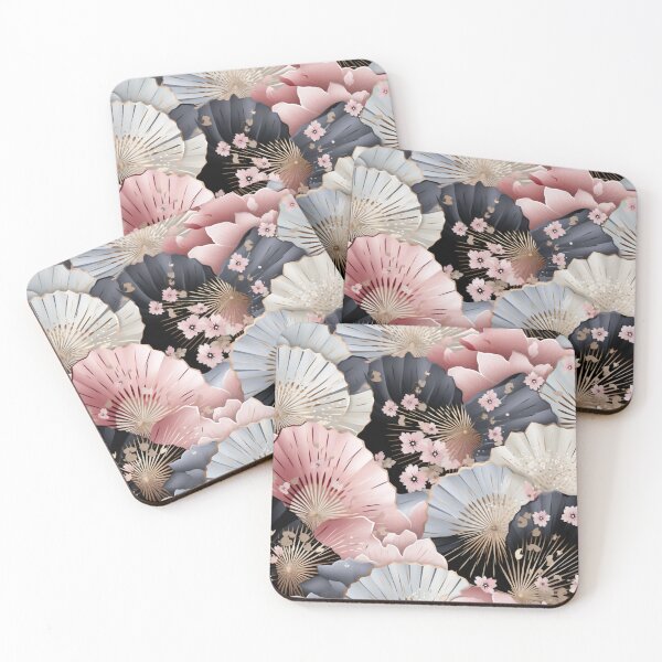 Aperçu de l'œuvre Fantaisie colorée motif rose beige blanc noir ornements éventail Japon créée et vendue par G-M-Designs.