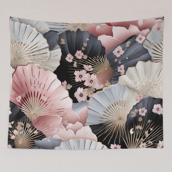 Item preview, Colorful fantasy pattern pink beige white black ornaments Japan fans designed and sold by G-M-Designs.