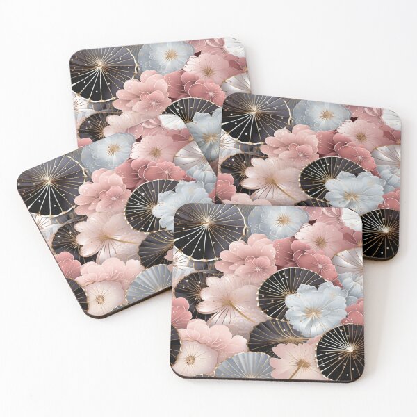 Aperçu de l'œuvre Motif fantaisie coloré rose beige blanc gris noir ornements fans du Japon créée et vendue par G-M-Designs.