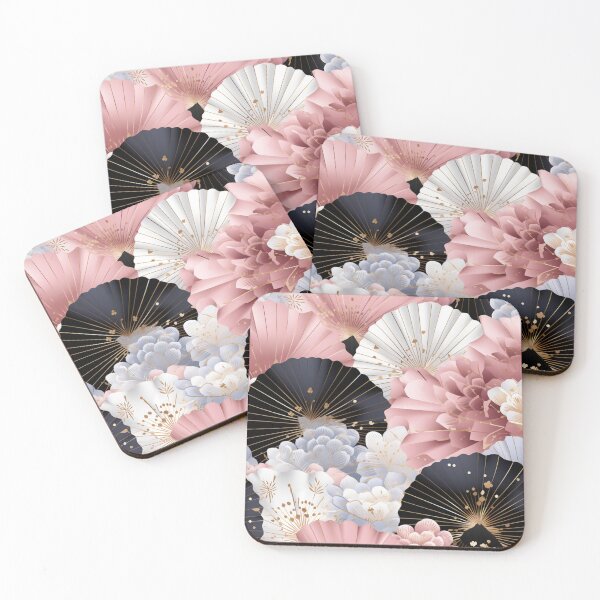 Aperçu de l'œuvre Motif fantaisie coloré rose beige blanc gris noir ornements fans du Japon créée et vendue par G-M-Designs.
