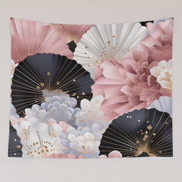 Item preview, Colorful fantasy pattern pink beige white gray black ornaments Japan fan designed and sold by G-M-Designs.