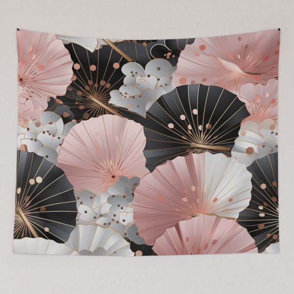 Item preview, Colorful fantasy pattern pink beige white gray black ornaments Japan fan designed and sold by G-M-Designs.