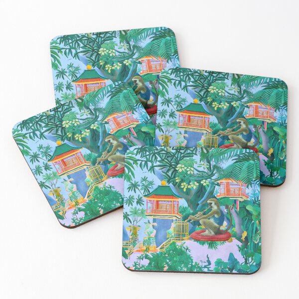 Item preview, Chinoiserie monkey playing flute in hanging gardens designed and sold by SophieClimaArt.