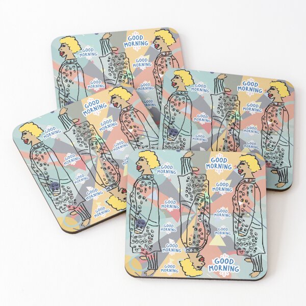 Item preview, Good morning hand drawn pattern of a guy in a robe and pajamas with curly blond hair, big red lips designed and sold by DLGstudio.