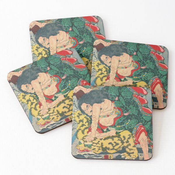 Item preview, Samurai Warrior VS Leoprad - Vintage Japanese Ukiyo-e Woodblock designed and sold by VintageSpaceArt.