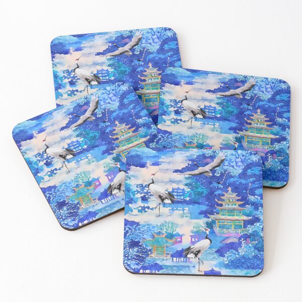 Item preview, Pagodas and cranes watercolor painting designed and sold by SophieClimaArt.