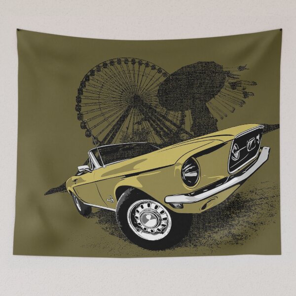 Item preview, Yellow 68 Mustang against carnival backdrop designed and sold by Glenn Mueller.