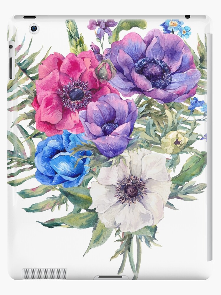 Funda y vinilo para iPad «Anémonas florecientes del vintage de la acuarela  del verano, helechos, flores salvajes y del jardín» de DePiano | Redbubble