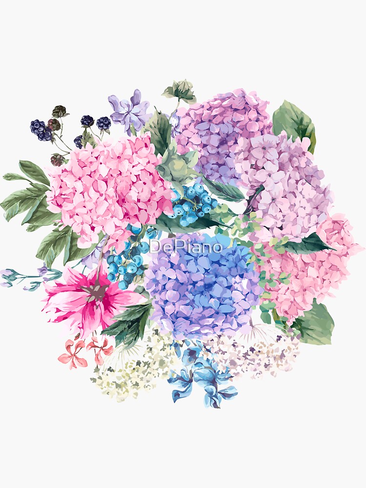 Thumbnail 3 of 3, Sticker, Summer watercolor vintage blooming hydrangea and garden flowers designed and sold by DePiano.