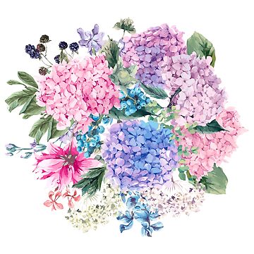 Artwork thumbnail, Summer watercolor vintage blooming hydrangea and garden flowers by DePiano