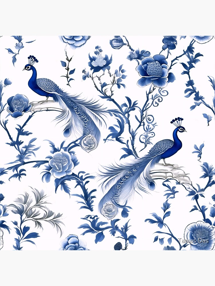 Chinoiserie Peacock Design in Blue and White Sticker for Sale by Tamas Das