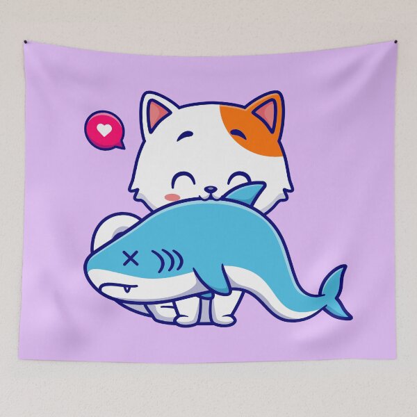 Item preview, Fearless Feline: Cute Cat Biting Shark Fish Cartoon Vector Icon Illustration designed and sold by hjian8219.