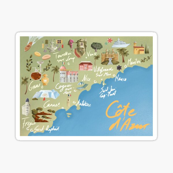 Item preview, Map of the French Riviera, the Cote d'Azur from Menton to Fréjus, France designed and sold by laurartpourlart.