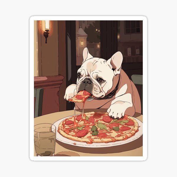 French bulldog eating outlet pizza