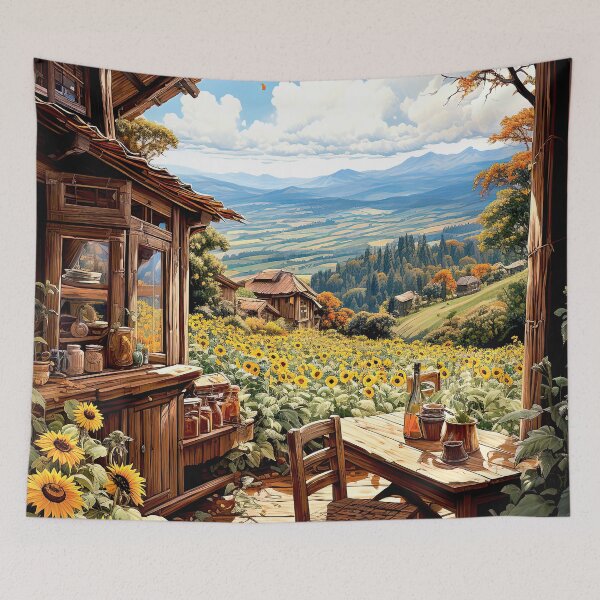 Item preview, a rustic cabin in the middle of fields of sunflowers designed and sold by iguananick.