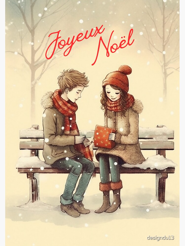 Merry christmas illustration loving couple on a bench Sticker by