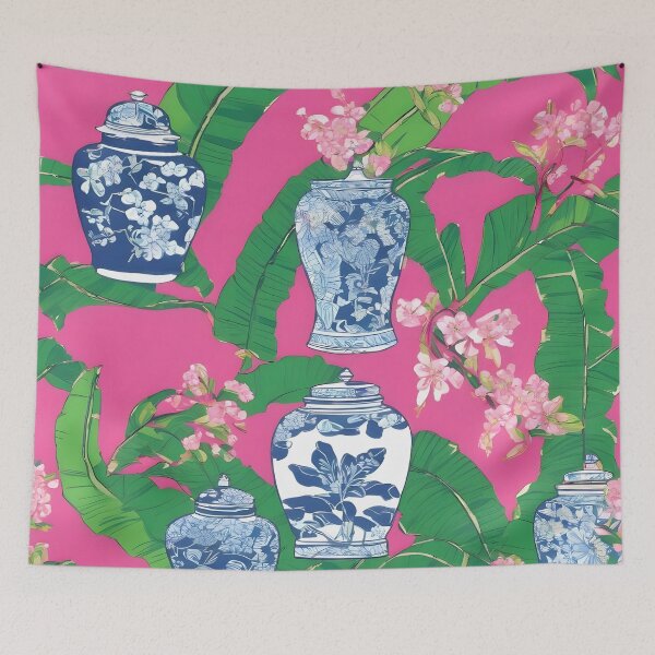 Item preview, Chinoiserie jars, leaves and cherry blossom on hot pink designed and sold by SophieClimaArt.