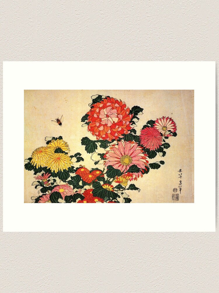Thumbnail 1 of 3, Art Print, 'Chrysanthemum and Bee' by Katsushika Hokusai (Reproduction) designed and sold by RozAbellera.