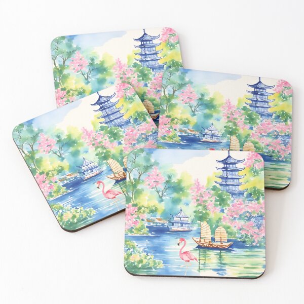 Item preview, Flamingo in chinoiserie landscape watercolor painting designed and sold by SophieClimaArt.