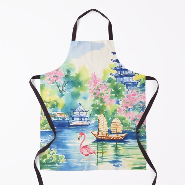 Item preview, Flamingo in chinoiserie landscape watercolor painting designed and sold by SophieClimaArt.