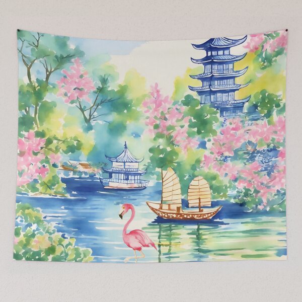 Item preview, Flamingo in chinoiserie landscape watercolor painting designed and sold by SophieClimaArt.