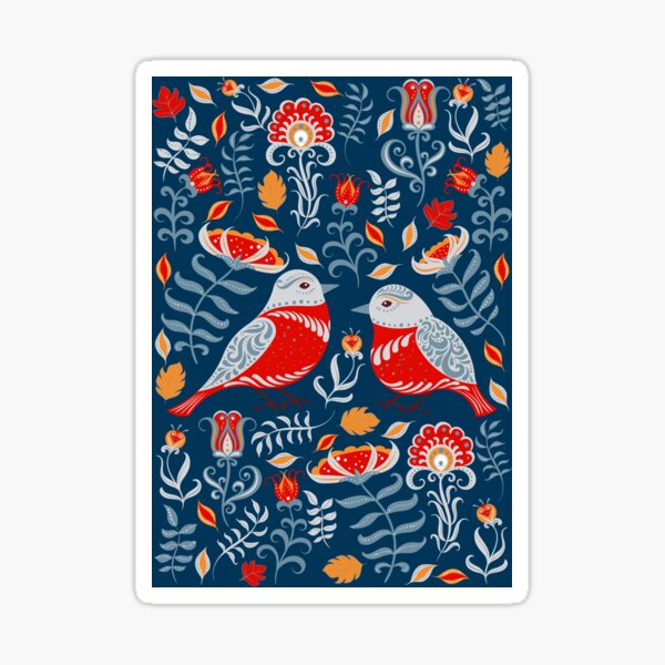 Birds and flowers. Floral ornament. Folk art. Sticker