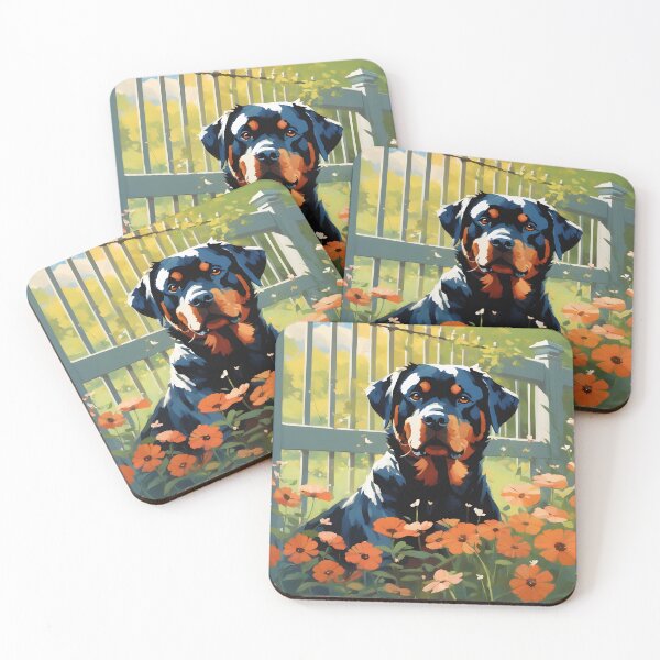 Item preview, Rottweiler Among Red Blossoms by the Fence designed and sold by designsbyflo.