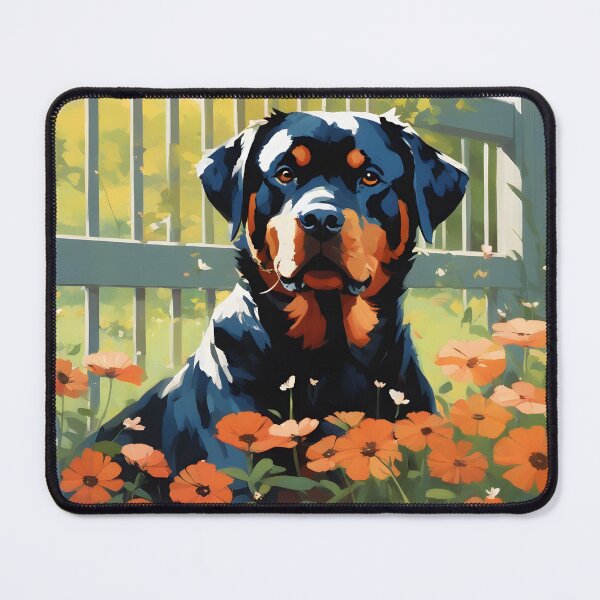 Item preview, Rottweiler Among Red Blossoms by the Fence designed and sold by designsbyflo.