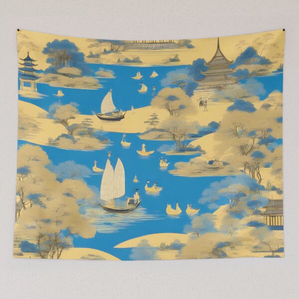 Artikelvorschau, Blaue und gelbe Chinoiserie-Landschaft entworfen und verkauft von SophieClimaArt.