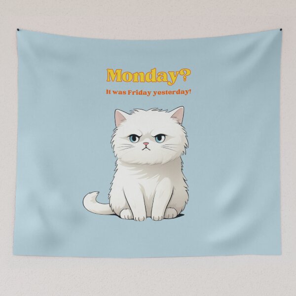 Item preview, Monday grumpy white cat designed and sold by bigmoments.