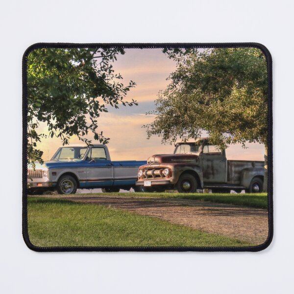 Item preview, Retro Rendezvous: Two classic pick up trucks at golden hour between the trees designed and sold by Amanda White.