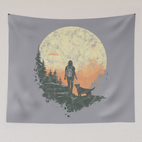 Item preview, A Distressed Vintage Hiking with Dog in Forest designed and sold by GVRDesign.