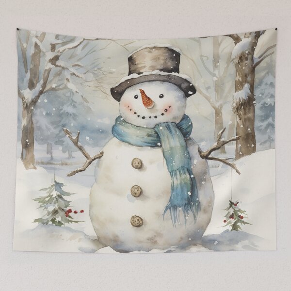 Item preview, Snowman winter scene blue and white Christmas vintage watercolor designed and sold by Inktown.