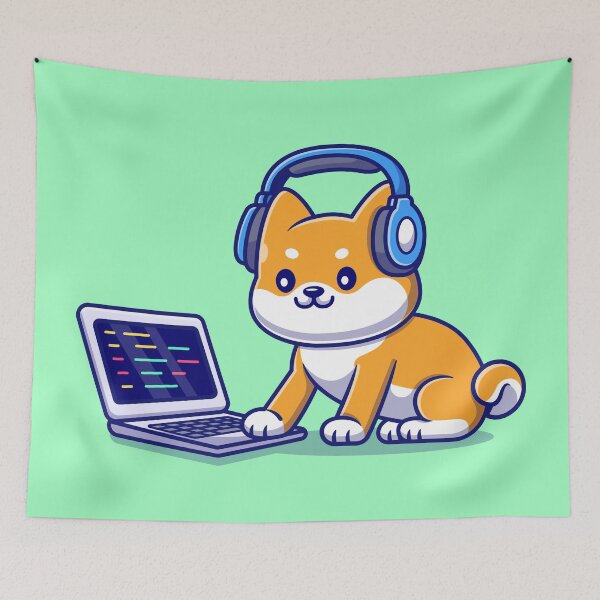 Item preview, Musical Paws: Cute Shiba Inu Dog Listening to Music with Laptop and Headphones Cartoon Vector Icon Illustration designed and sold by hjian8219.