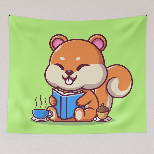 Item preview, "Squirrel Scholar: Cute Squirrel Reading a Book with Coffee and Walnut Cartoon Vector Icon Illustration designed and sold by hjian8219.