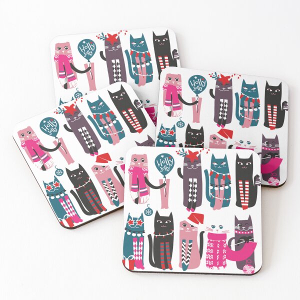 Item preview, Feline Christmas Vibes  Print  Pink Background Green Fuchsia Pink White And Black Kittens  designed and sold by NathanPVelasco.