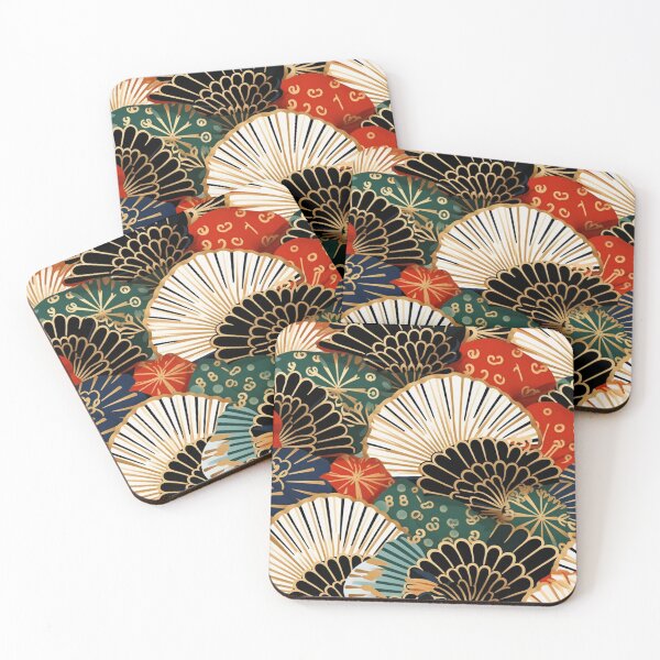 Aperçu de l'œuvre Motif fantaisie coloré beige rouge vert blanc noir ornements fans Japon créée et vendue par G-M-Designs.